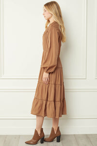 'Sweet Autumn' Long-Sleeved Tiered Midi Dress | Camel