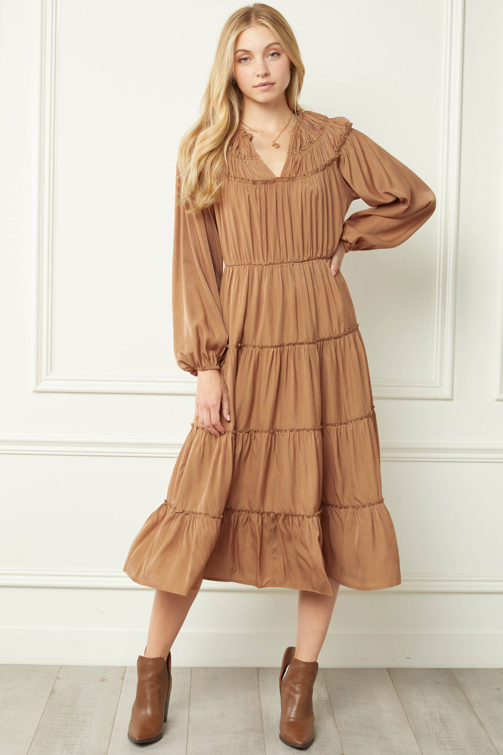 Sweet Autumn' Long-Sleeved Tiered Midi Dress | Camel My Vanity Closet Sweet Autumn' Long-Sleeved Tiered Midi Dress | Camel My Vanity Closet