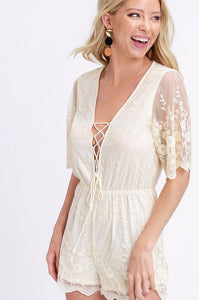 Lace-up Embroidery Mesh Romper